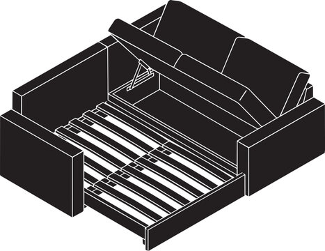 An isometric vector silhouette of a multifunctional sofa converting into a guest bed with pullout frame and storage