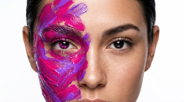 Close up face painting with colorful butterfly makeup and confident gaze