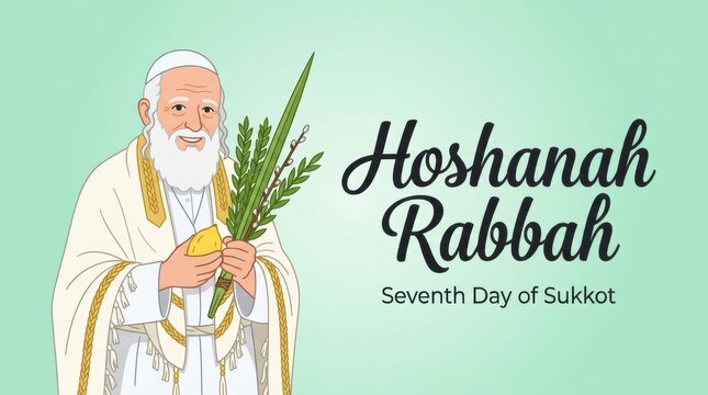 Happy hoshanah rabbah celebration with jewish man holding lulav and etrog on a light green background