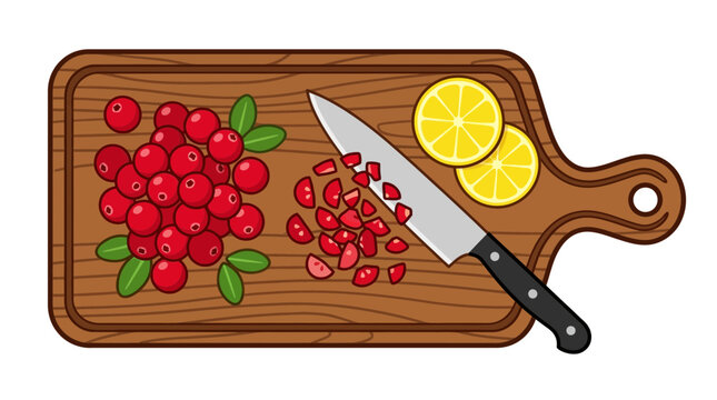 Vector Illustration of Fresh Cranberries and Lemon Slices on Cutting Board