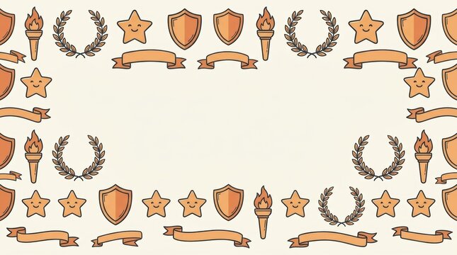 Decorative frame border with hand drawn shields stars torches laurel wreaths and ribbons for awards design