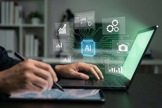 Professional working with stylus tablet and laptop running AI processor