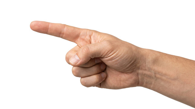 Human hand gesture showing index finger pointing direction with realistic skin texture on transparent background