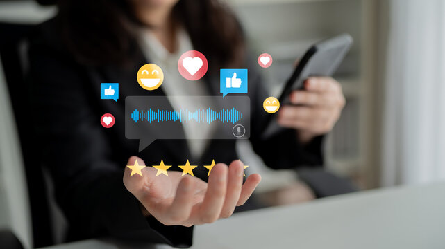 Business professional assesses customer feedback using a smartphone, showcasing digital engagement with social media icons emphasizing modern communication trends. Ledger