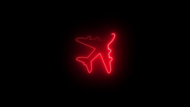 Red color glow neon plane icon animation. Neon line zet plane fighter reactive pursuit military. A glowing neon outline of an airplane on a transparent background. 4k video