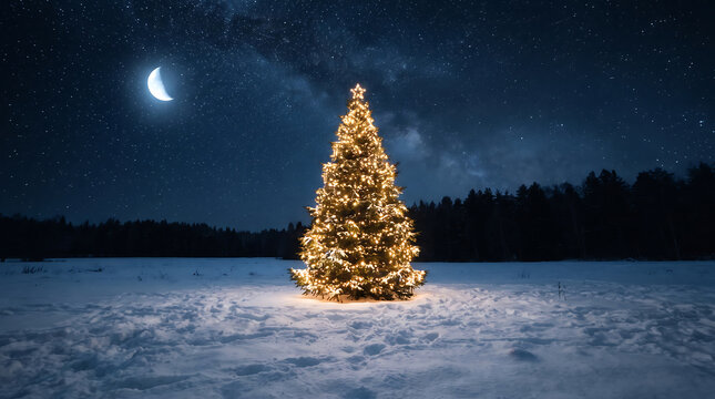 A beautifully lit christmas tree stands proudly in a snowy field under a starry night sky