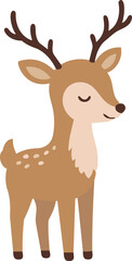 Obraz premium Cute cartoon reindeer with large antlers, closed eyes, spotted back, and warm brown coloring in a charming flat vector style.