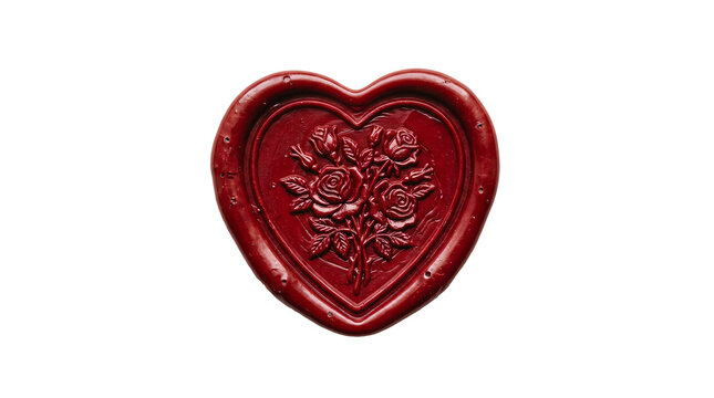 Intricate deep red wax seal heart shape featuring embossed floral rose patterns displayed on transparent background