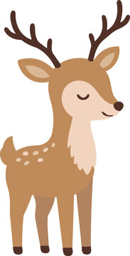Cute cartoon reindeer with large antlers, closed eyes, spotted back, and warm brown coloring in a charming flat vector style.