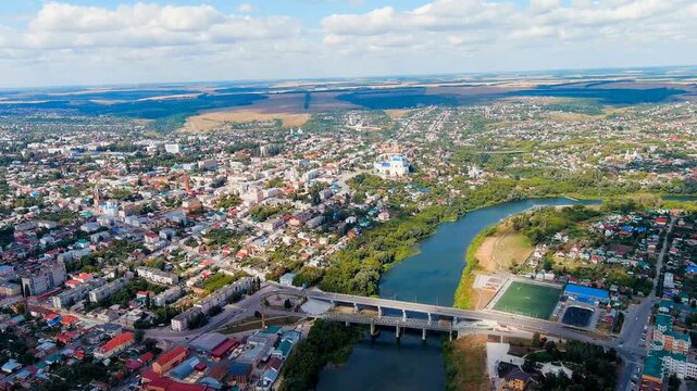 Yelets, Lipetsk region, Russia. Cathedral of the Ascension. Sosna river. Historic city center. Drone footage