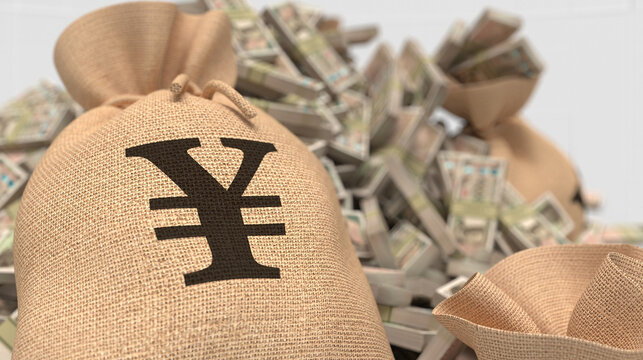 Abundant Japanese Yen in a Burlap Money Bag with Stacks of Banknotes