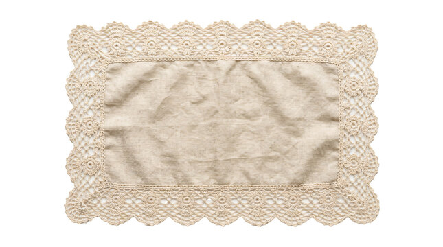 Vintage rectangular beige linen table mat featuring intricate crochet lace decorative trim border on transparent background