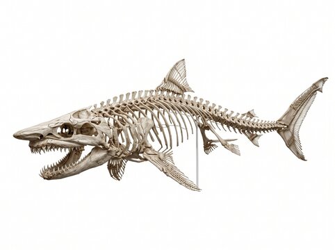 Full shark skeleton specimen isolated on white background