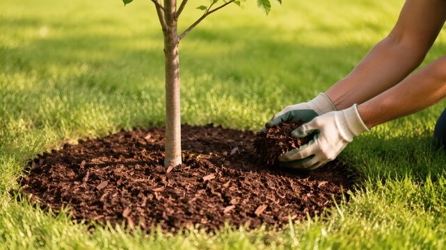 Gardener spreading mulch around a young tree in a grassy yard, illustrating tree planting, soil care, landscaping, conservation and sustainable garden maintenance.