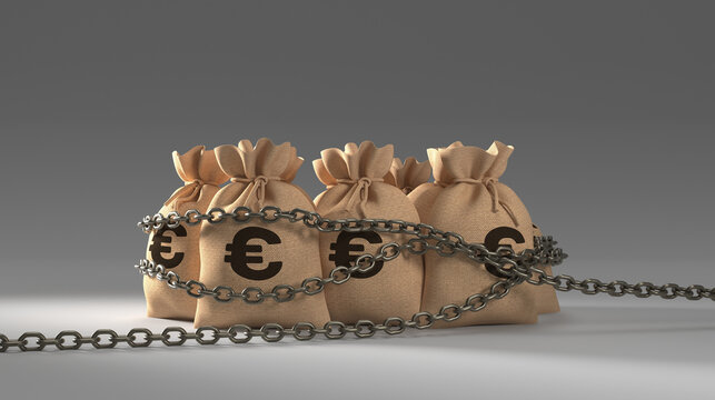 Chained Euro Money Bags Symbolizing Financial Crisis and Economic Restriction