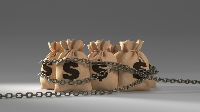 Chained Money Bags Symbolizing Financial Restriction and Economic Crisis