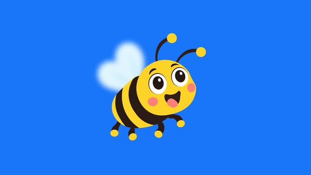 Cute Smiling Bee Flying With Fluttering Wings On A Blue Background. Cheerful Yellow And Black Cartoon Insect With Big Eyes And A Playful Expression. Simple Flat Animation 