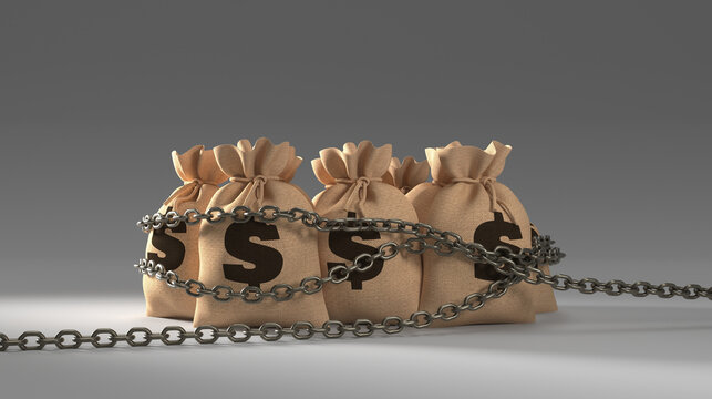 Money bags secured by heavy chains, illustrating financial restriction, debt, and economic control.