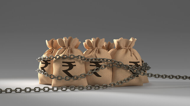 Indian Rupee Money Bags Chained: Financial Restriction and Economic Debt Concept