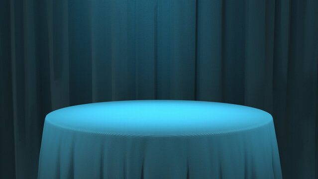Glowing cyan table with draped cloth against a dark teal background, perfect for product presentation.