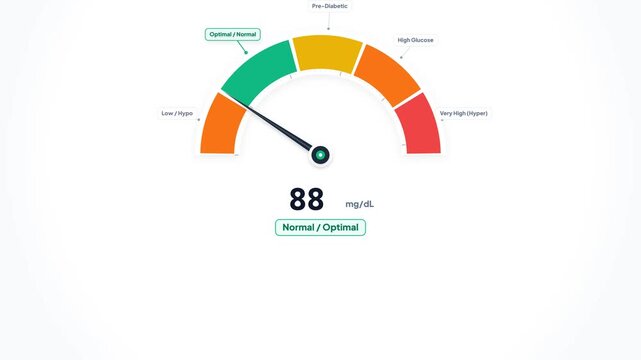 Animated blood glucose meter showing normal optimal level. Blood sugar gauge indicator. Medical health dashboard UI. Diabetes monitoring concept. Normal glucose measurement. Clean modern graphic