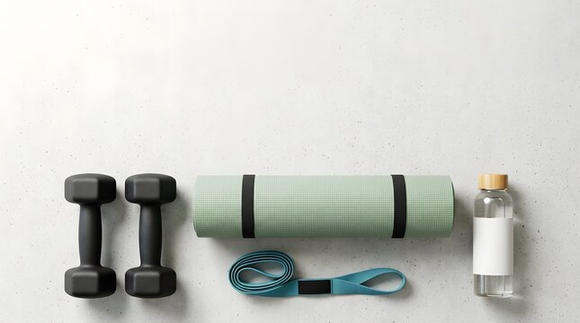 Minimalist Fitness Essentials Flat Lay With Black Dumbbells, Sage Green Yoga Mat, Resistance Band and Glass Water Bottle on Concrete Floor With Copy Space