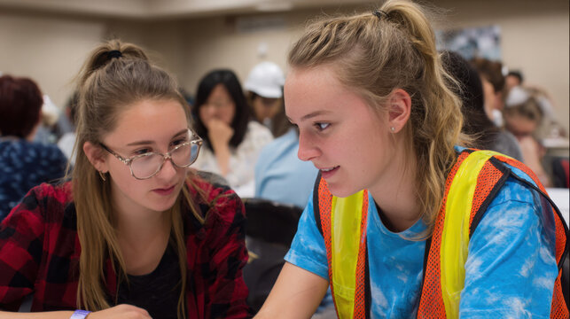 Young woman in colorful scarf collaborating with classmate during hands-on science workshop in bright classroom