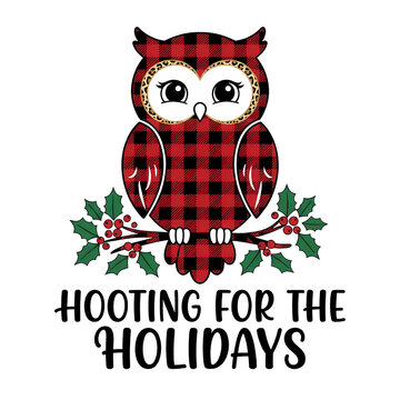 Cute owl wearing a red and black buffalo plaid pattern with leopard print accents perched on a holly branch with red berries isolated on a white background, for holiday season apparel