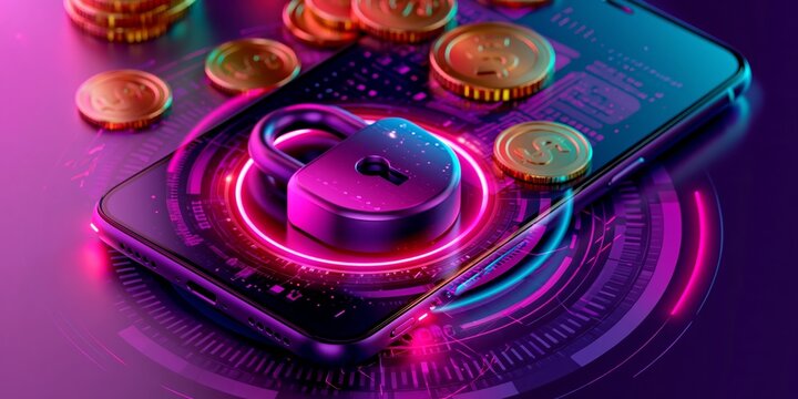 Futuristic smartphone with a glowing padlock and gold coins representing secure digital finance and cryptocurrency protection.