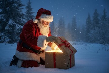 Fototapeta premium Santa Claus kneeling in winter snow opening a glowing magical cardboard gift box