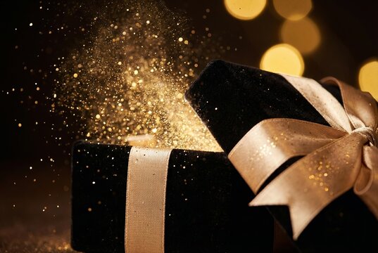 Open black gift box spilling golden magic dust and glowing glitter