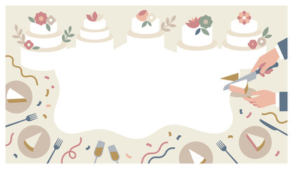 Fototapeta premium Bakery and celebration flat illustration with cakes desserts and tableware for marketing design in flat vector style
