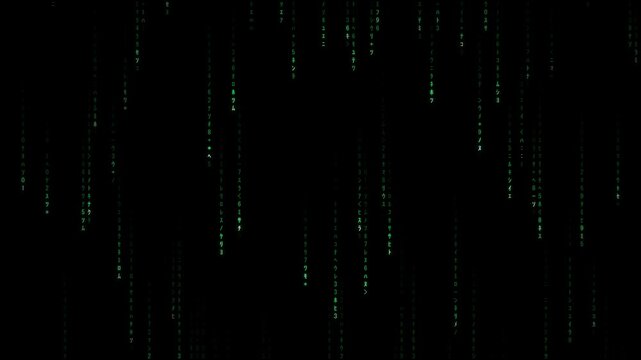 A digital background featuring falling green matrix code with Japanese katakana characters and numbers on a dark black backdrop, creating a high-tech cyberpunk atmosphere with glowing light.