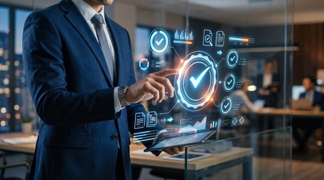 A professional businessman in a suit interacting with a futuristic digital holographic interface showing quality assurance and compliance checkmarks in a modern corporate office