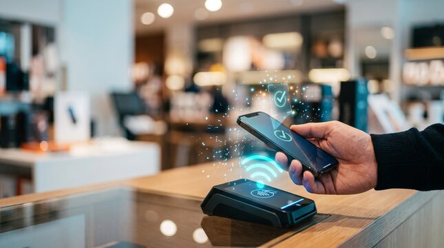 A customer makes a contactless payment using a smartphone at a modern retail store checkout counter with a digital payment terminal in the foreground