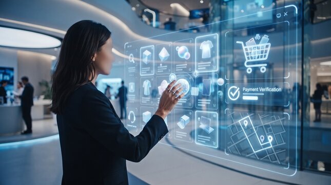 A professional woman interacting with a futuristic holographic display interface showing digital shopping icons and data analytics in a modern high tech office environment