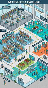 Isometric smart retail store layout with automated checkout and digital signage