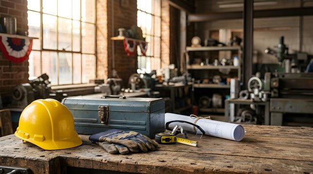 Workplace scene with yellow hard hat, metal toolbox, work gloves, and blueprints on a rustic wooden workbench in a workshop