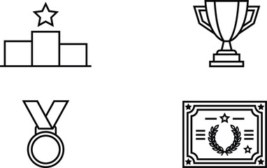 Fototapeta premium Award and Achievement Line Icon Set Featuring Winners Podium Trophy Cup Medal and Certificate for Sports Tournaments and Business Success Graphic Designs