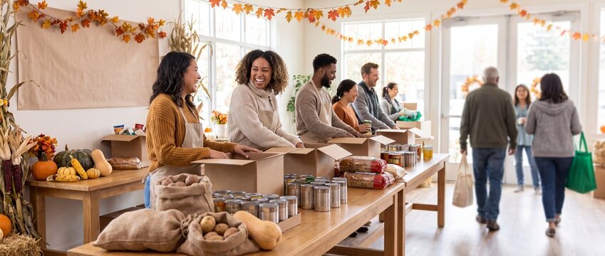 Diverse volunteers packing Thanksgiving food donation boxes with fresh produce and canned goods inside a bright community center for holiday charity drive