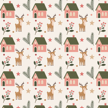 A seamless Christmas pattern featuring cute deer, pink cottages, berry branches, pine sprigs, stars, and festive decorative elements on a light background.