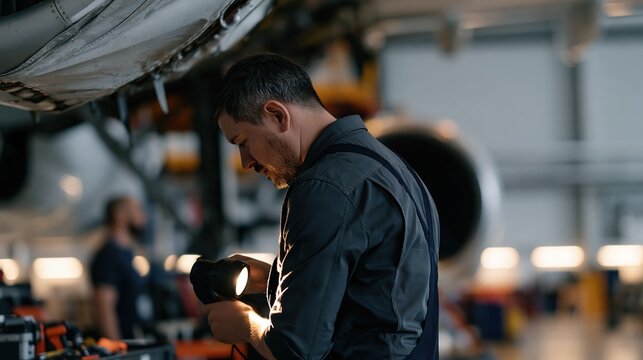 Maintenance engineer inspecting passenger jet fuselage with portable light in hangar