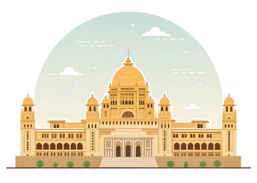 Umaid Bhawan Palace, Jodhpur  enormous golden sandstone palace with central dome and symmetrical wings, modern premium flat vector illustration