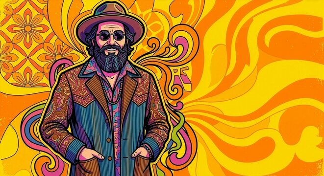 Psychedelic 70s style illustration of a bearded man in a paisley coat and round glasses with swirling retro pattern background
