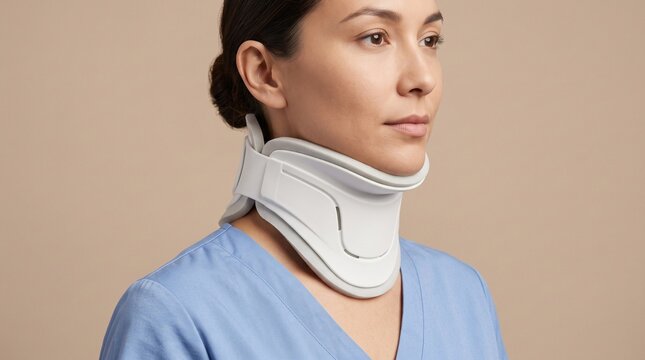 Side profile of a woman wearing a professional medical cervical neck brace collar for cervical spine injury recovery or pain relief