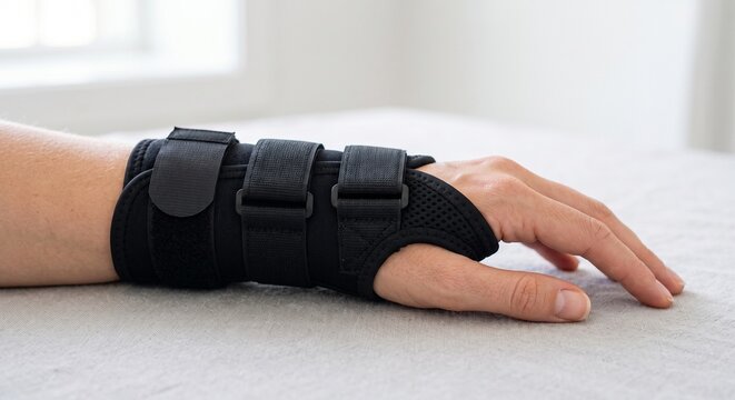 Close up of patient hand wearing black medical wrist brace splint for support and recovery
