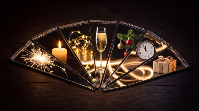 Elegant semi circular fan shape containing a photo collage of festive holiday scenes with champagne and glowing candles. Creative seasonal greeting card design, happy New Year event party.