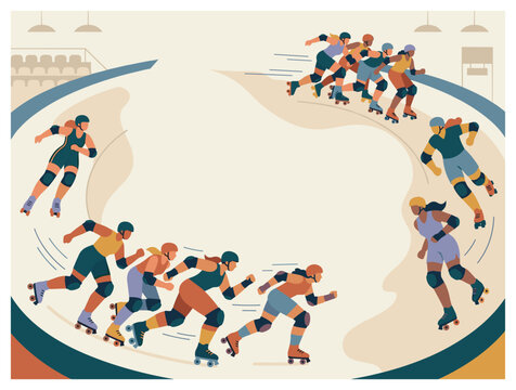 Roller skating and sports vector illustration with athletes skaters and arena track for marketing in flat vector style