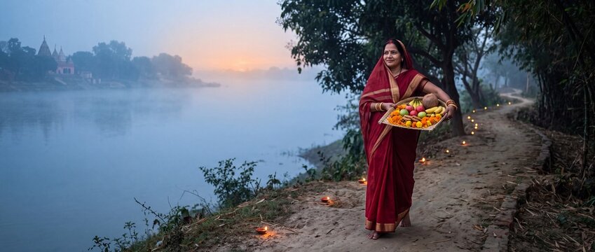 Indian woman in red saree carrying Chhath Puja festival offerings in bamboo soop along a misty riverside path at sunrise for Hindu morning prayer ritual