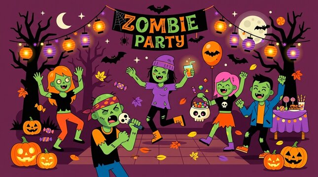 Zombie Party Celebration with Dancing Characters Illustration